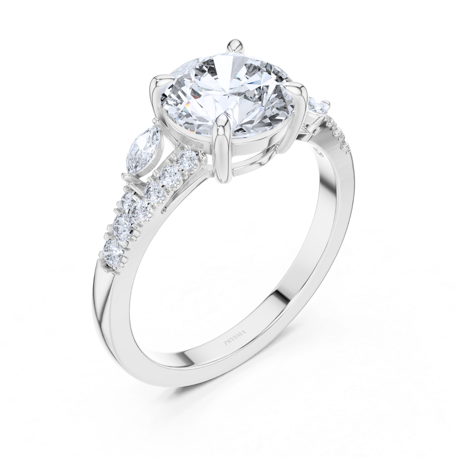 Round Center Stone 6 Prong Marquise & Round Diamond