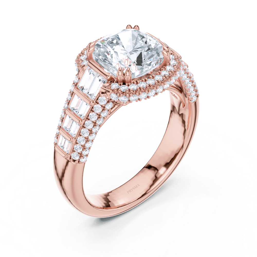 Majestic Cushion Halo Baguette Ring