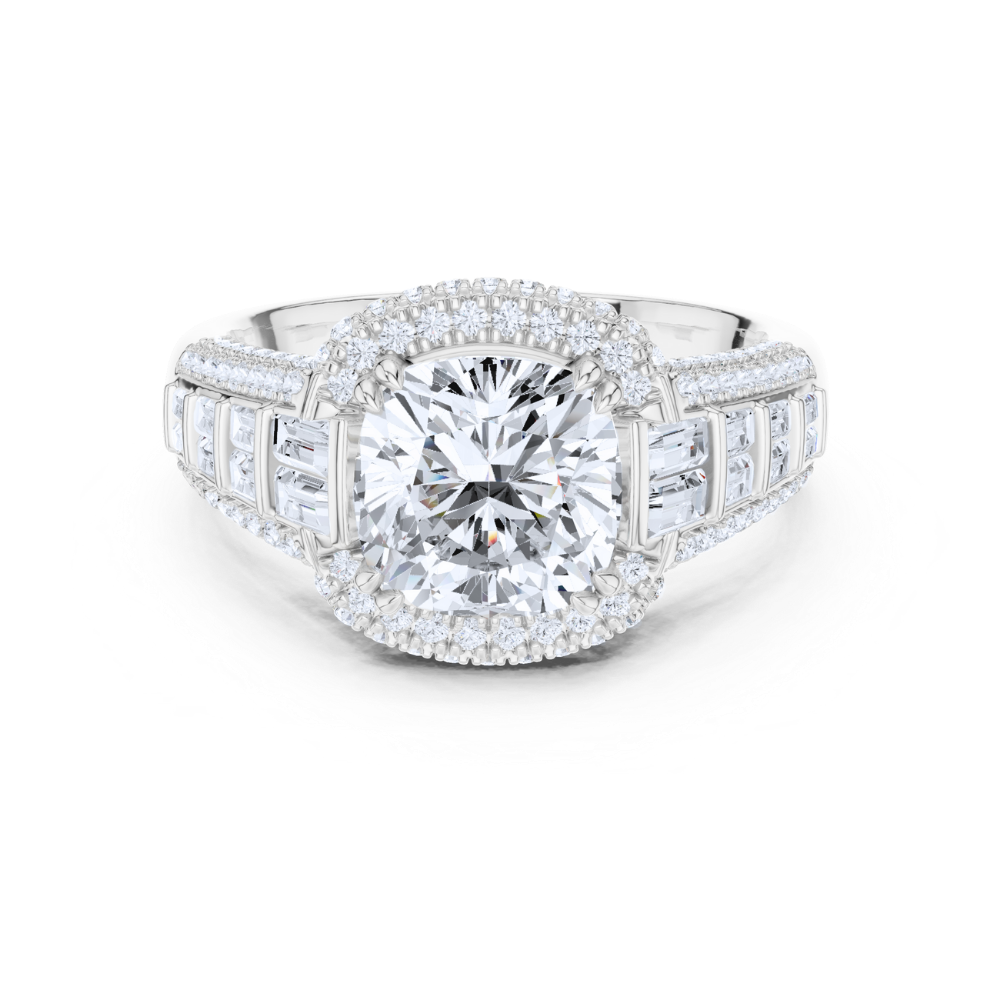 Majestic Cushion Halo Baguette Ring