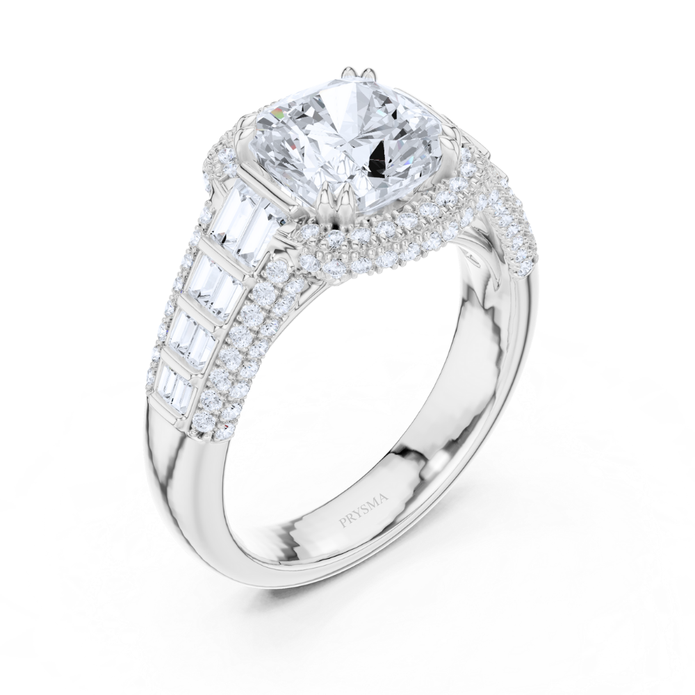 Majestic Cushion Halo Baguette Ring