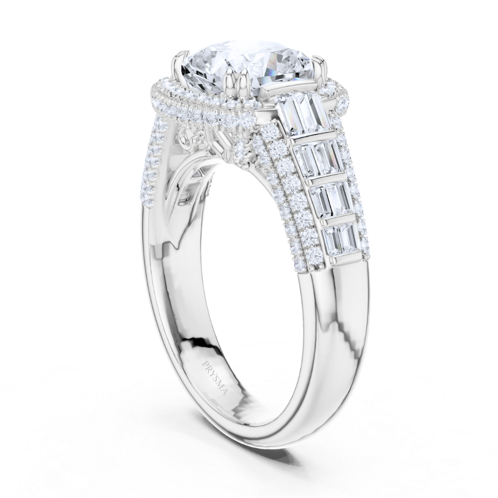 Majestic Cushion Halo Baguette Ring
