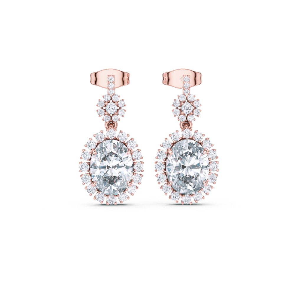 Oval Floral Halo Diamond Dangle Earrings