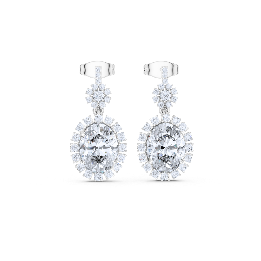 Oval Floral Halo Diamond Dangle Earrings