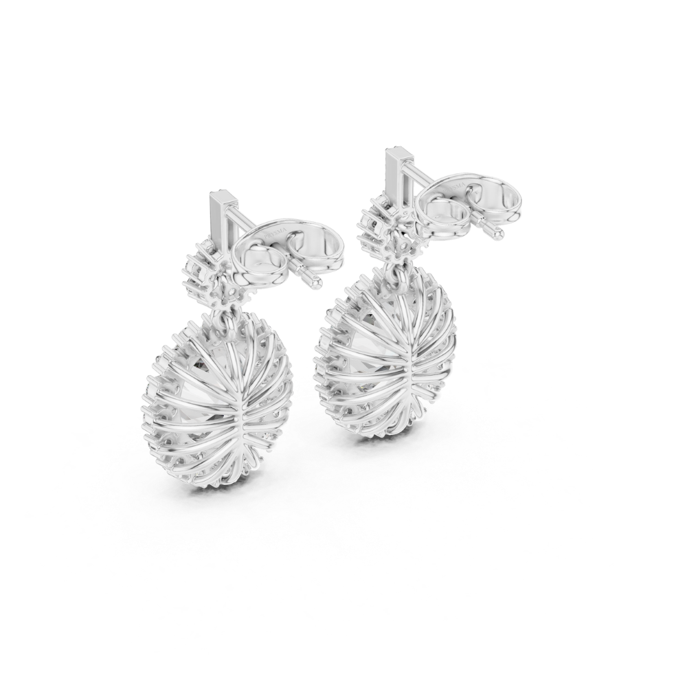 Oval Floral Halo Diamond Dangle Earrings