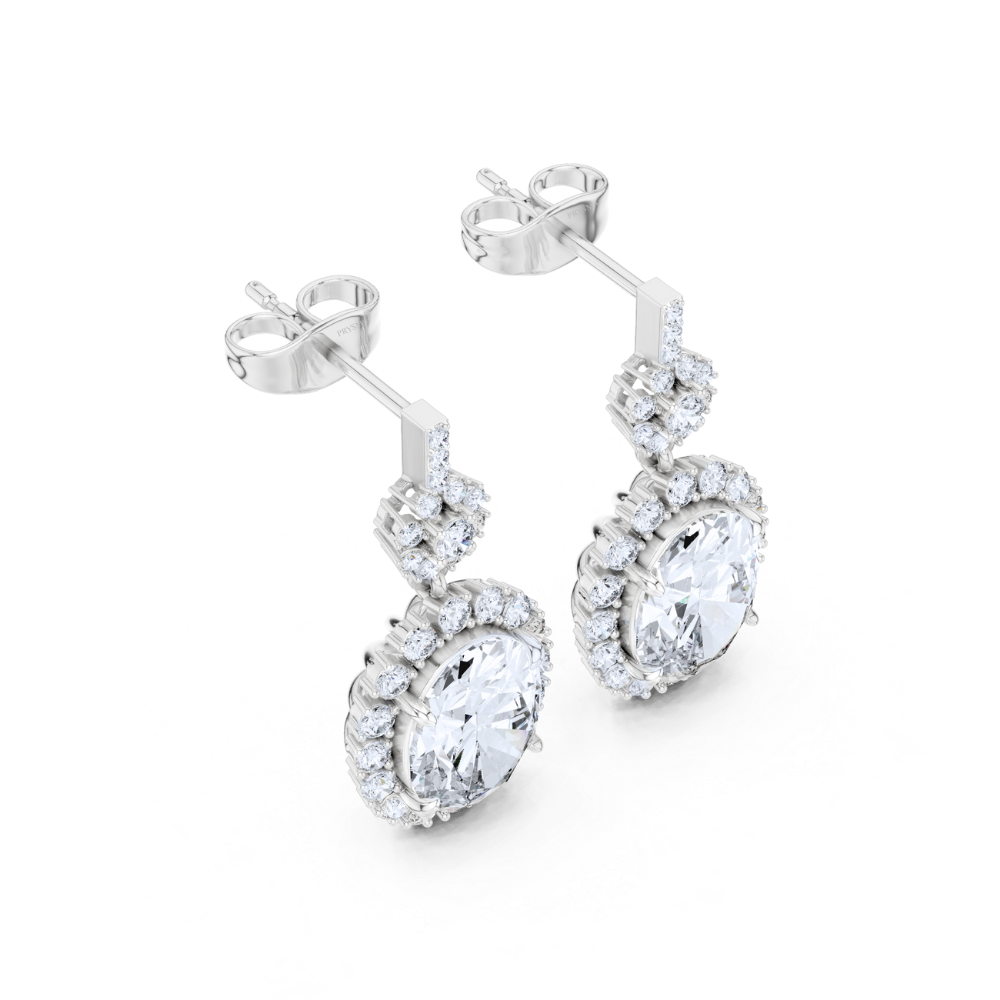 Oval Floral Halo Diamond Dangle Earrings