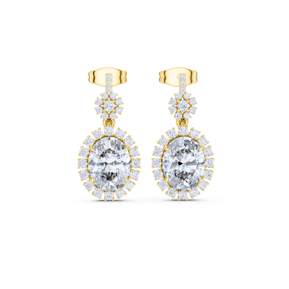Oval Floral Halo Diamond Dangle Earrings