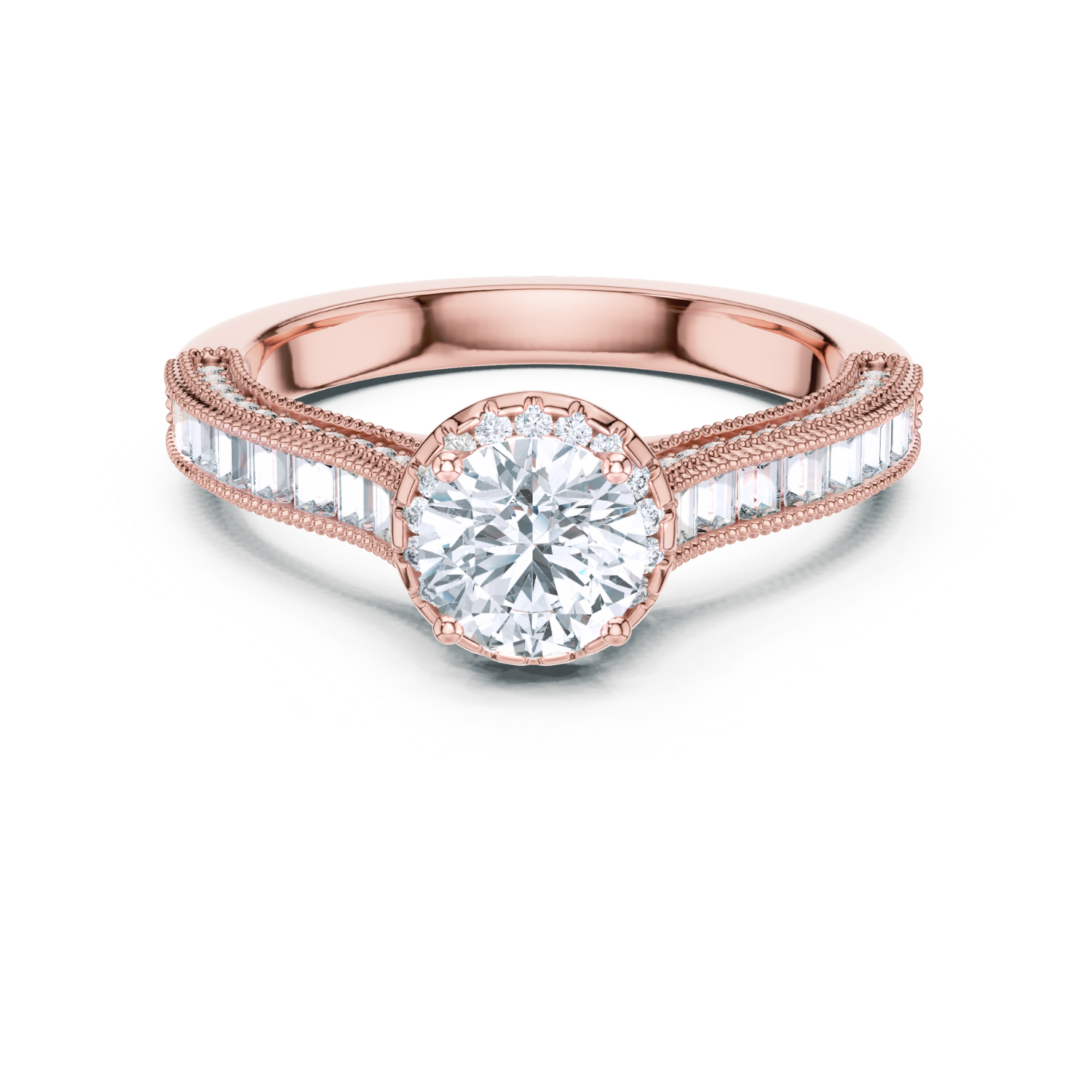 Round Halo Baguette Diamond Ring