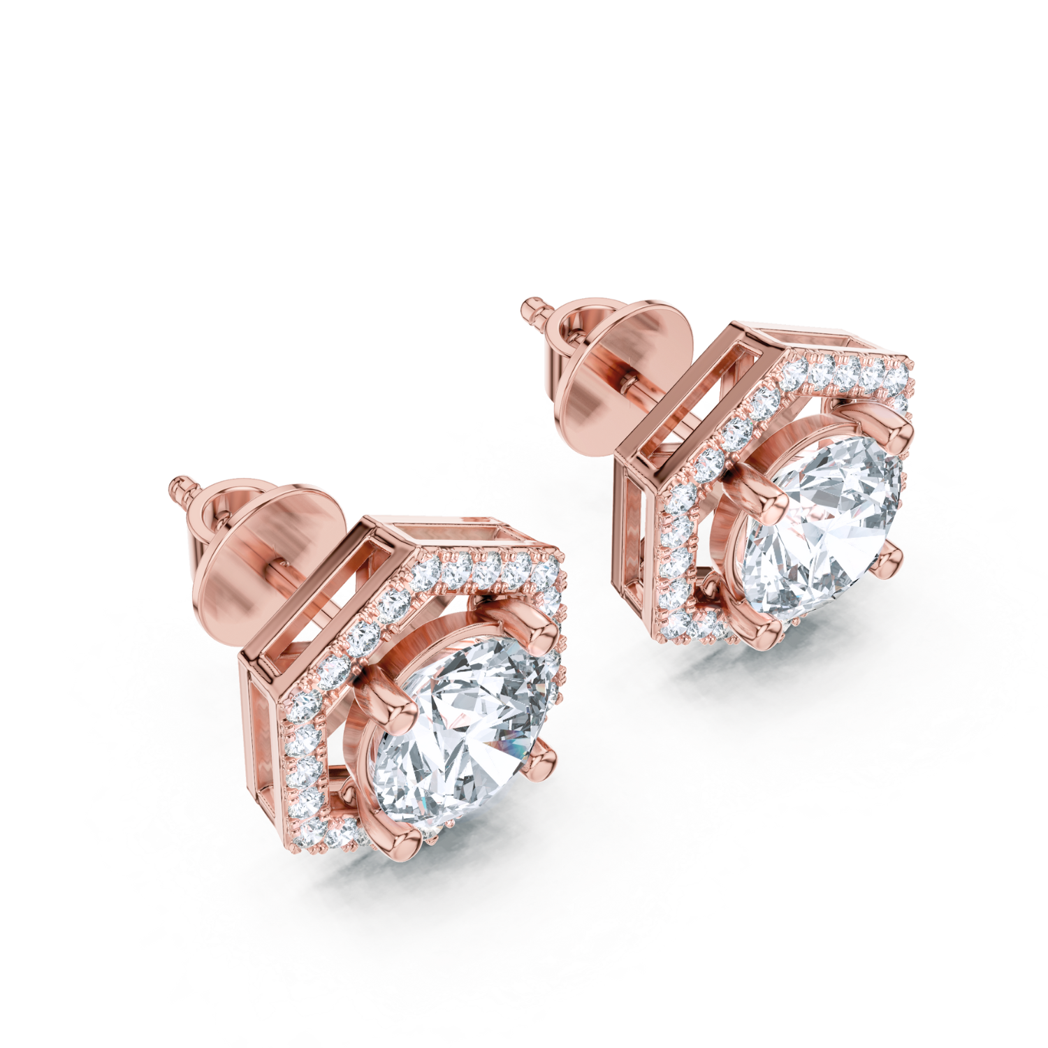 Hexagonal Halo Diamond Stud Earrings
