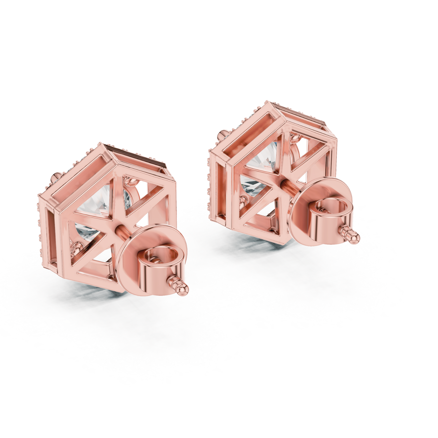 Hexagonal Halo Diamond Stud Earrings