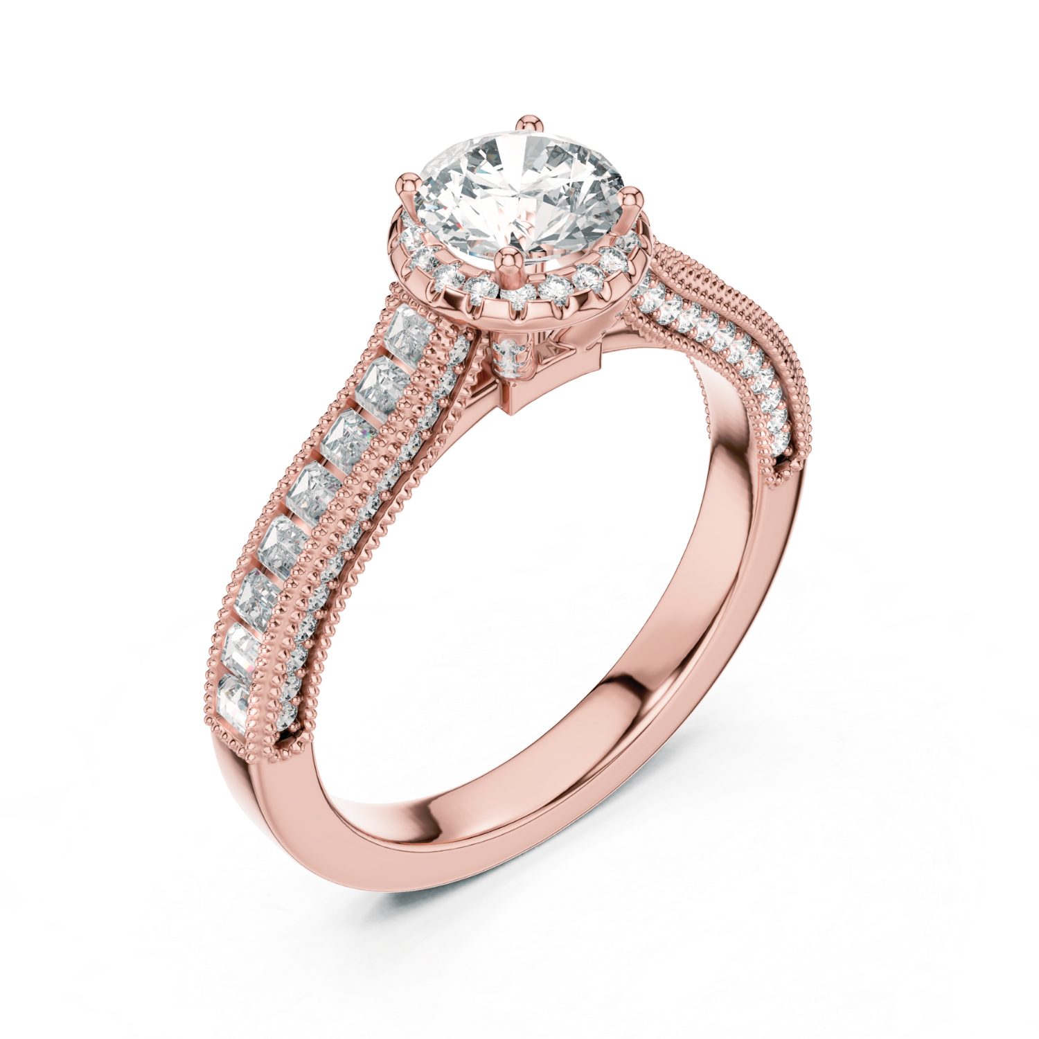 Round Halo Baguette Diamond Ring