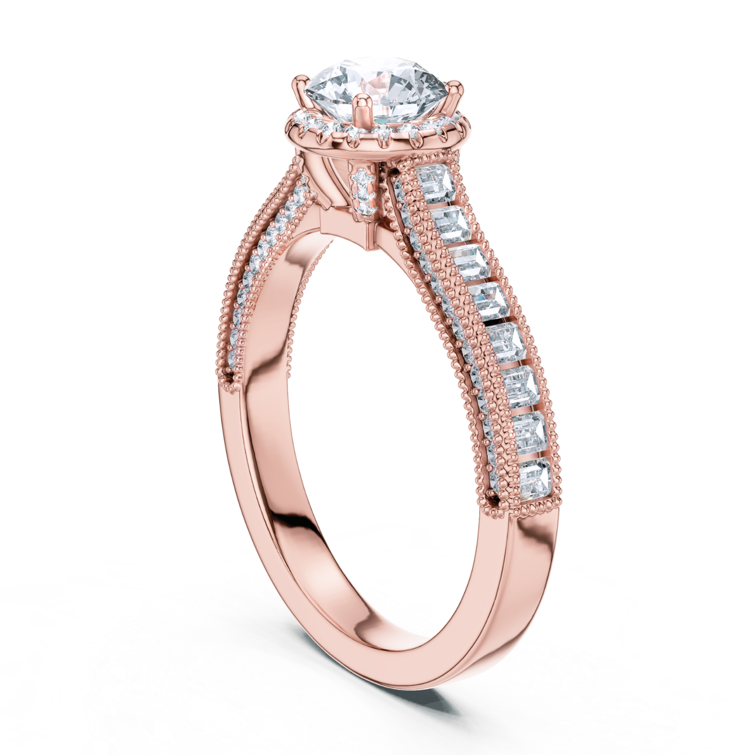 Round Halo Baguette Diamond Ring
