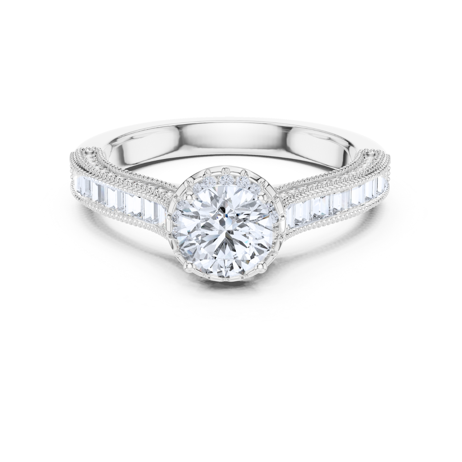 Round Halo Baguette Diamond Ring