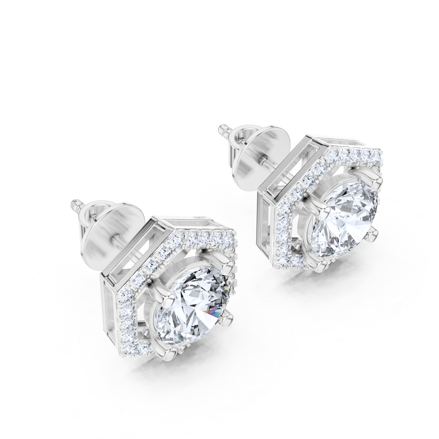 Hexagonal Halo Diamond Stud Earrings