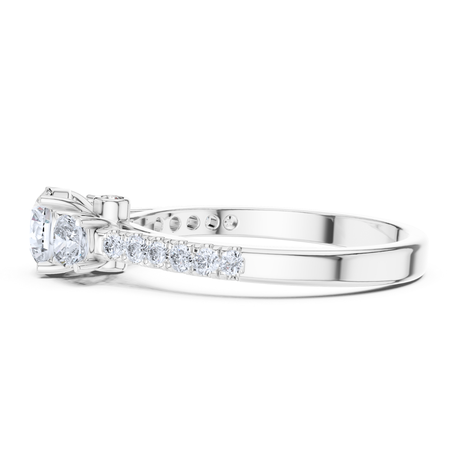 Classic Three-Stone Diamond Ring with Pave Band