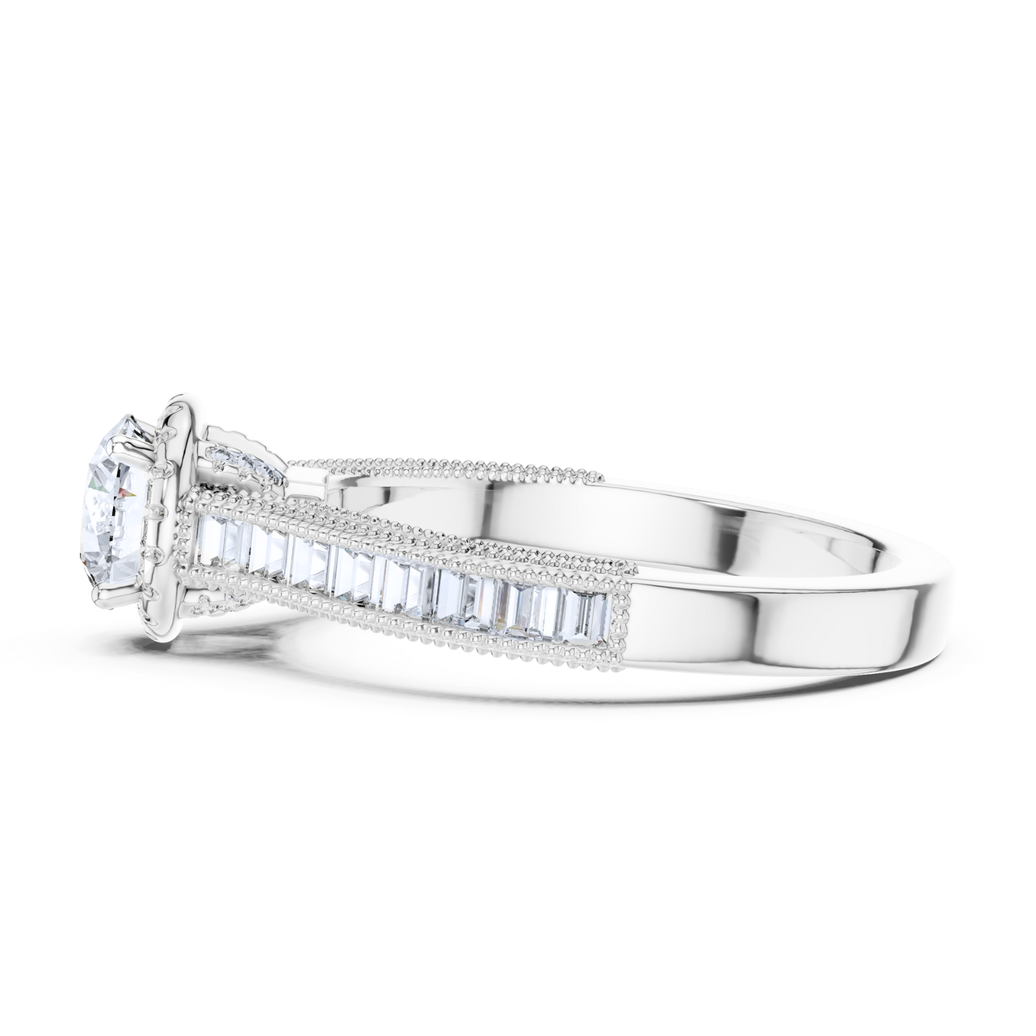Round Halo Baguette Diamond Ring