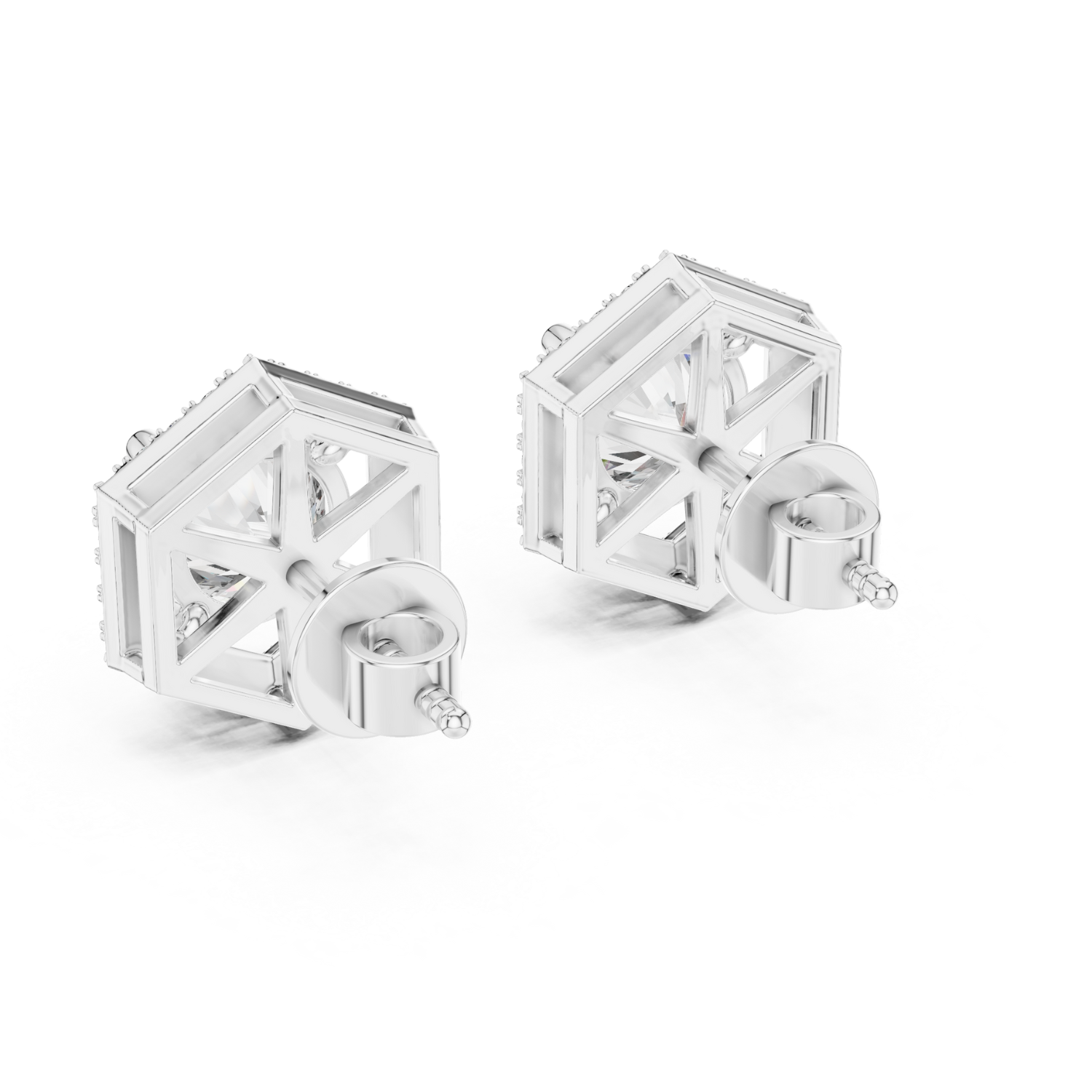 Hexagonal Halo Diamond Stud Earrings