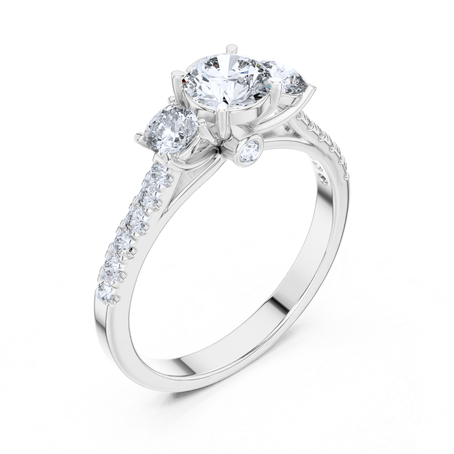 Classic Three-Stone Diamond Ring with Pave Band