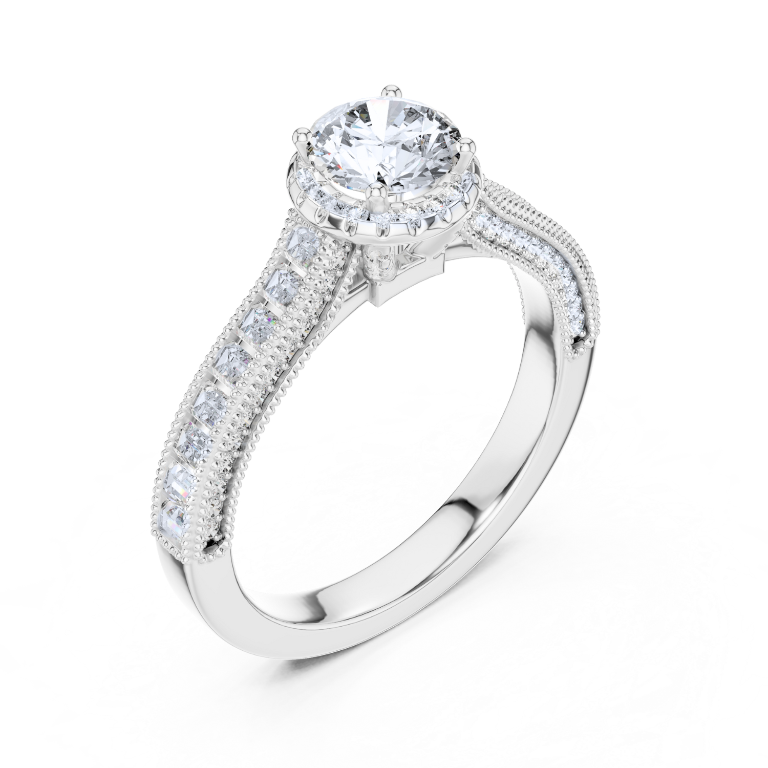 Round Halo Baguette Diamond Ring