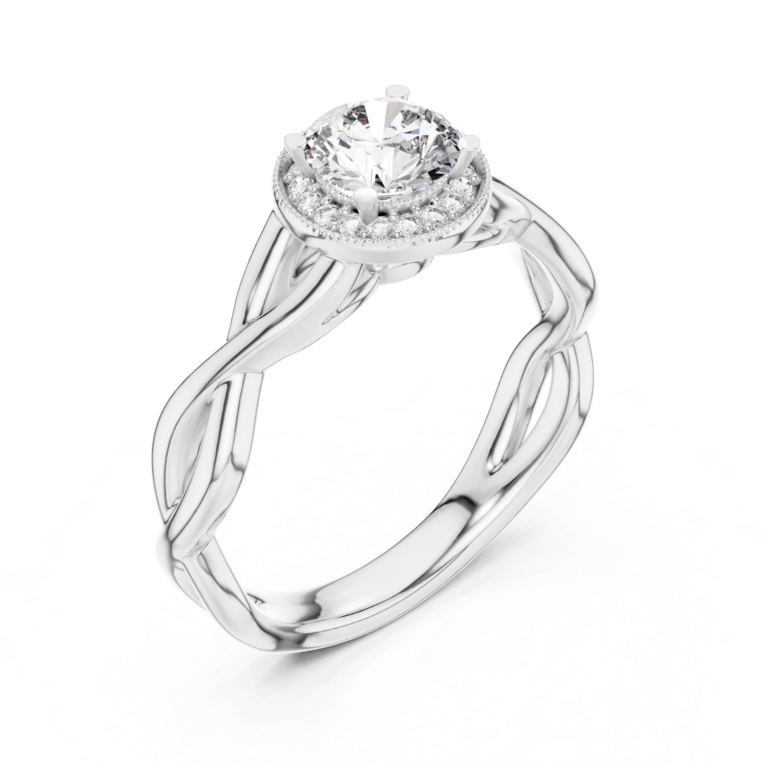 Round Halo Twisted Band Diamond Ring