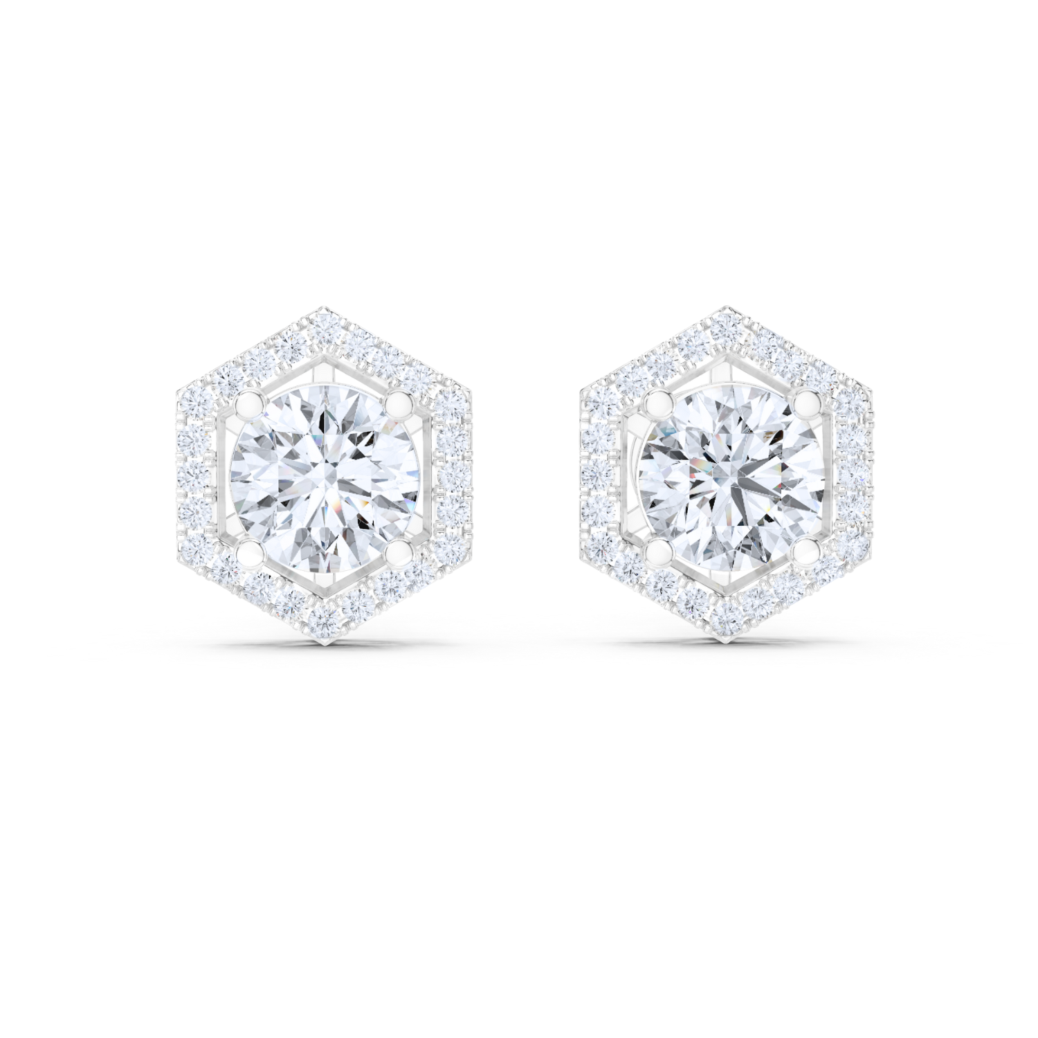 Hexagonal Halo Diamond Stud Earrings