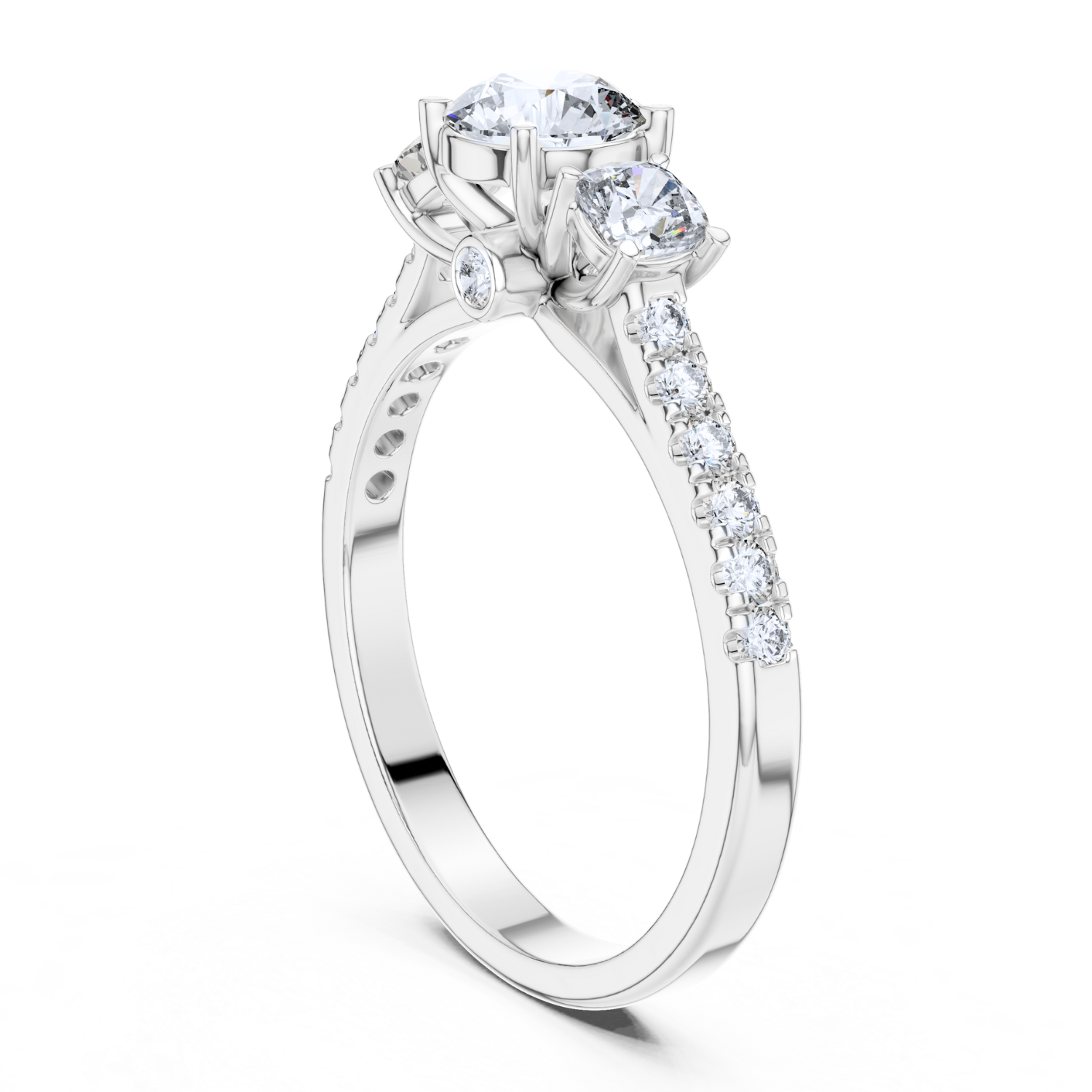 Classic Three-Stone Diamond Ring with Pave Band
