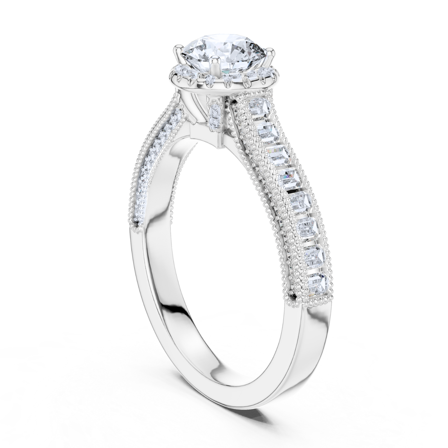 Round Halo Baguette Diamond Ring