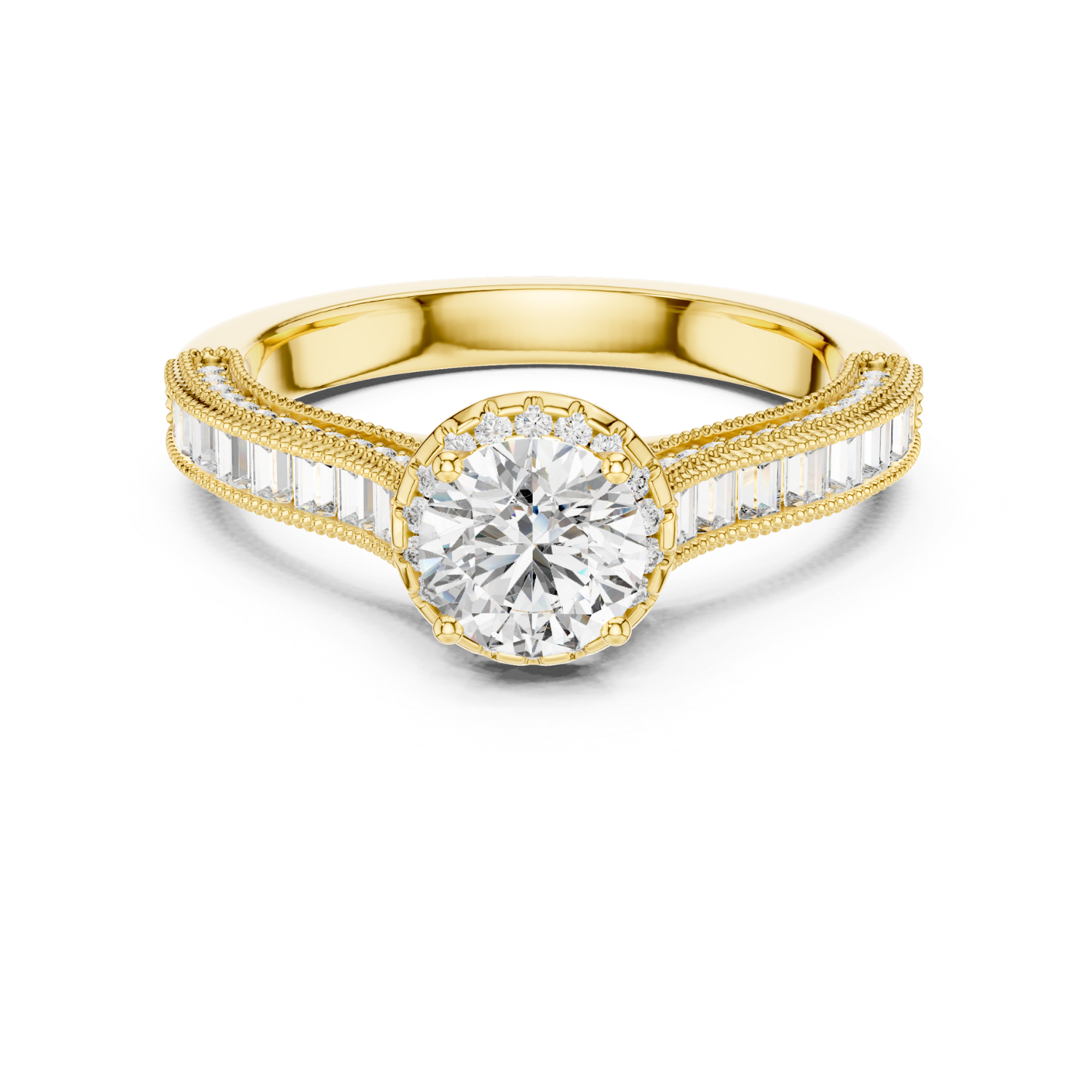Round Halo Baguette Diamond Ring