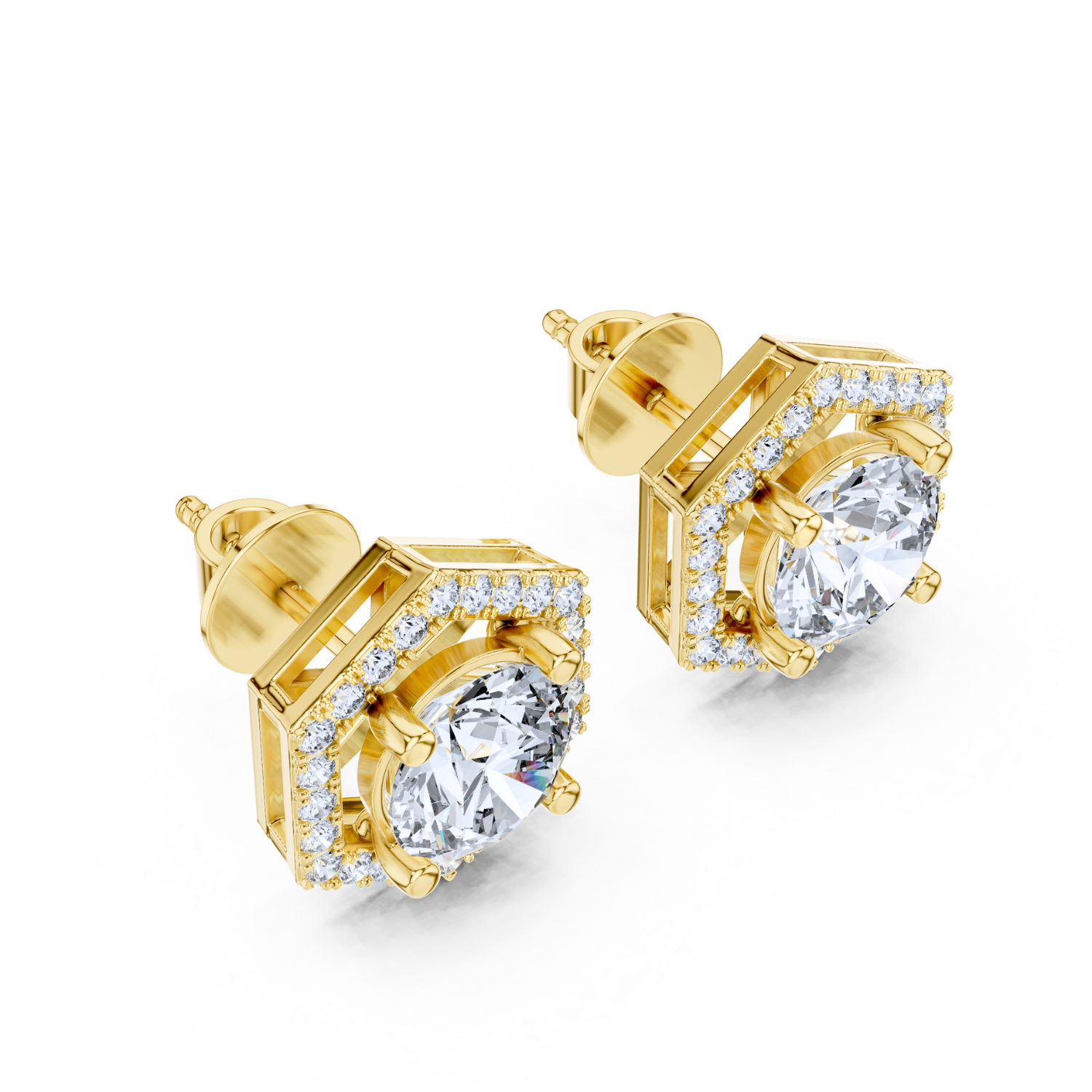Hexagonal Halo Diamond Stud Earrings
