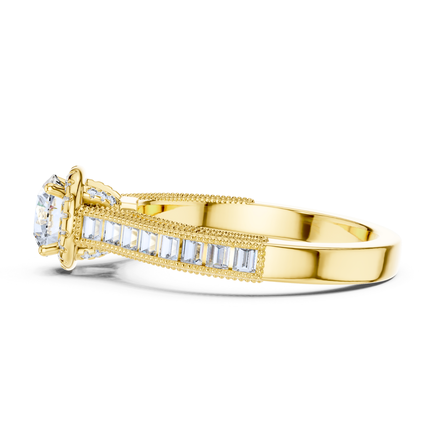 Round Halo Baguette Diamond Ring
