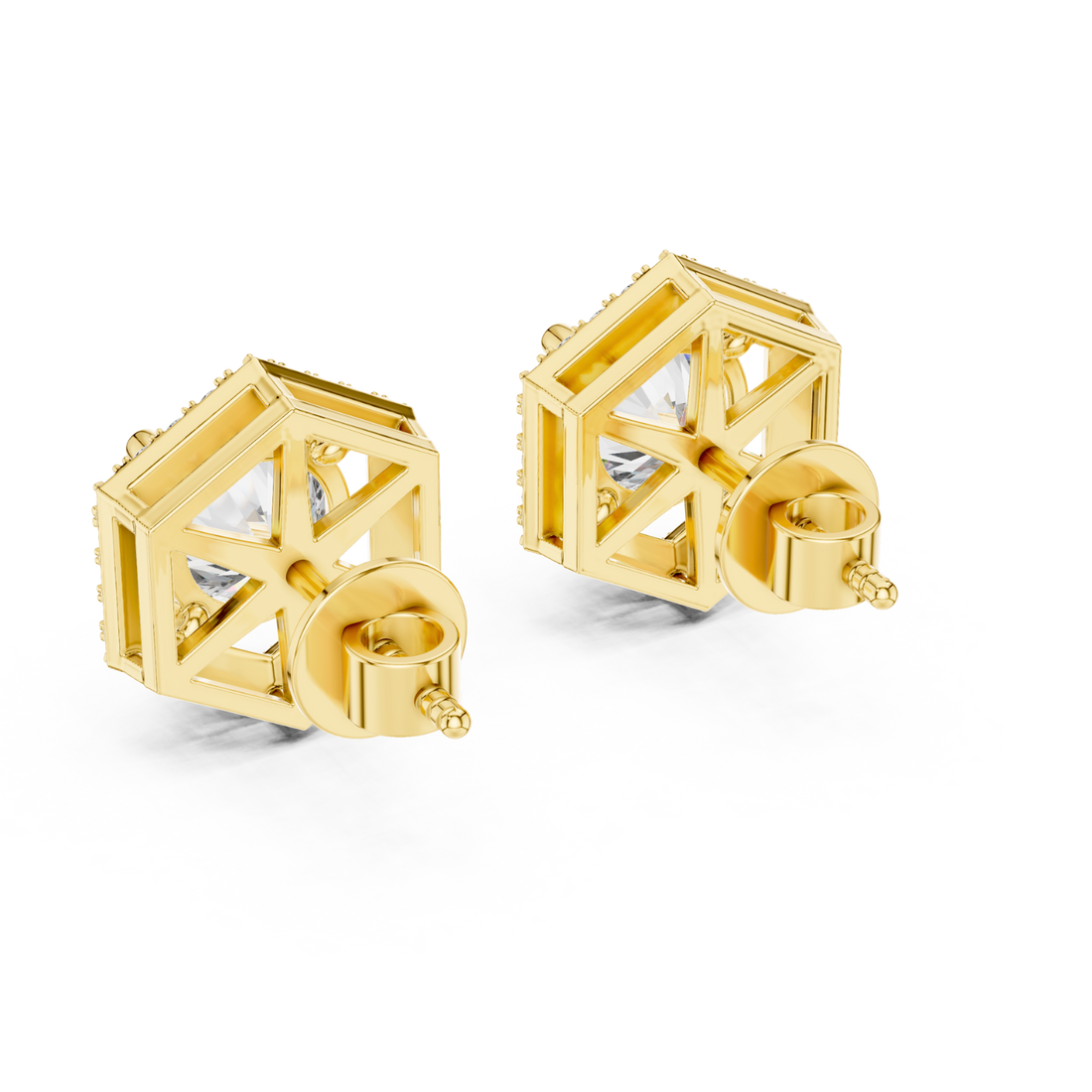 Hexagonal Halo Diamond Stud Earrings
