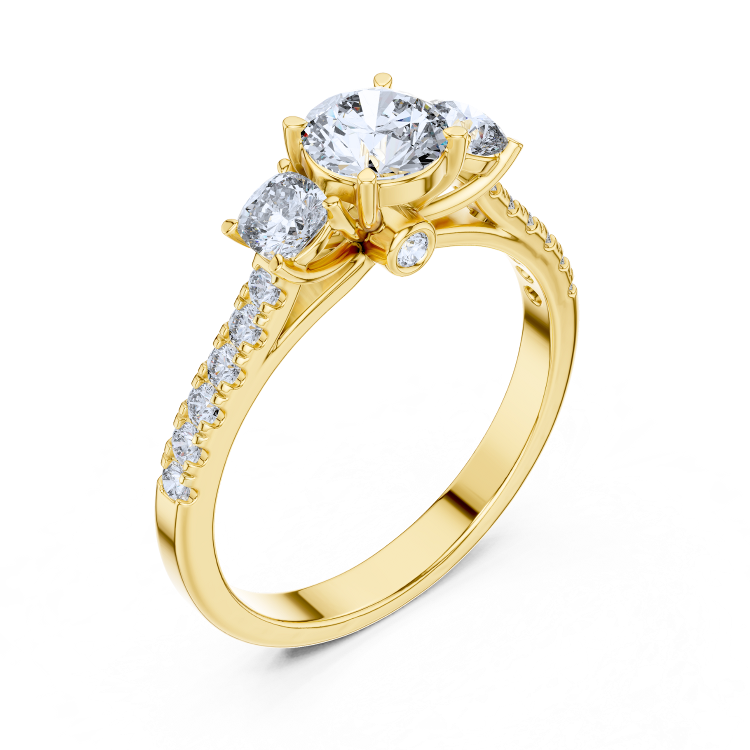 Classic Three-Stone Diamond Ring with Pave Band