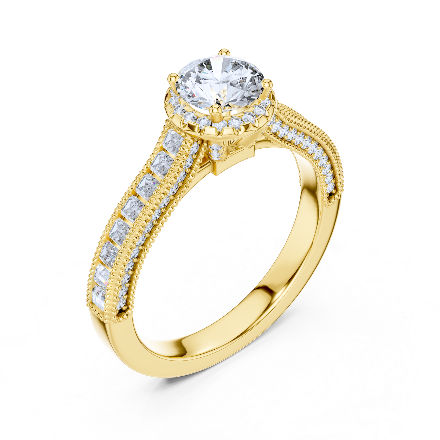 Round Halo Baguette Diamond Ring