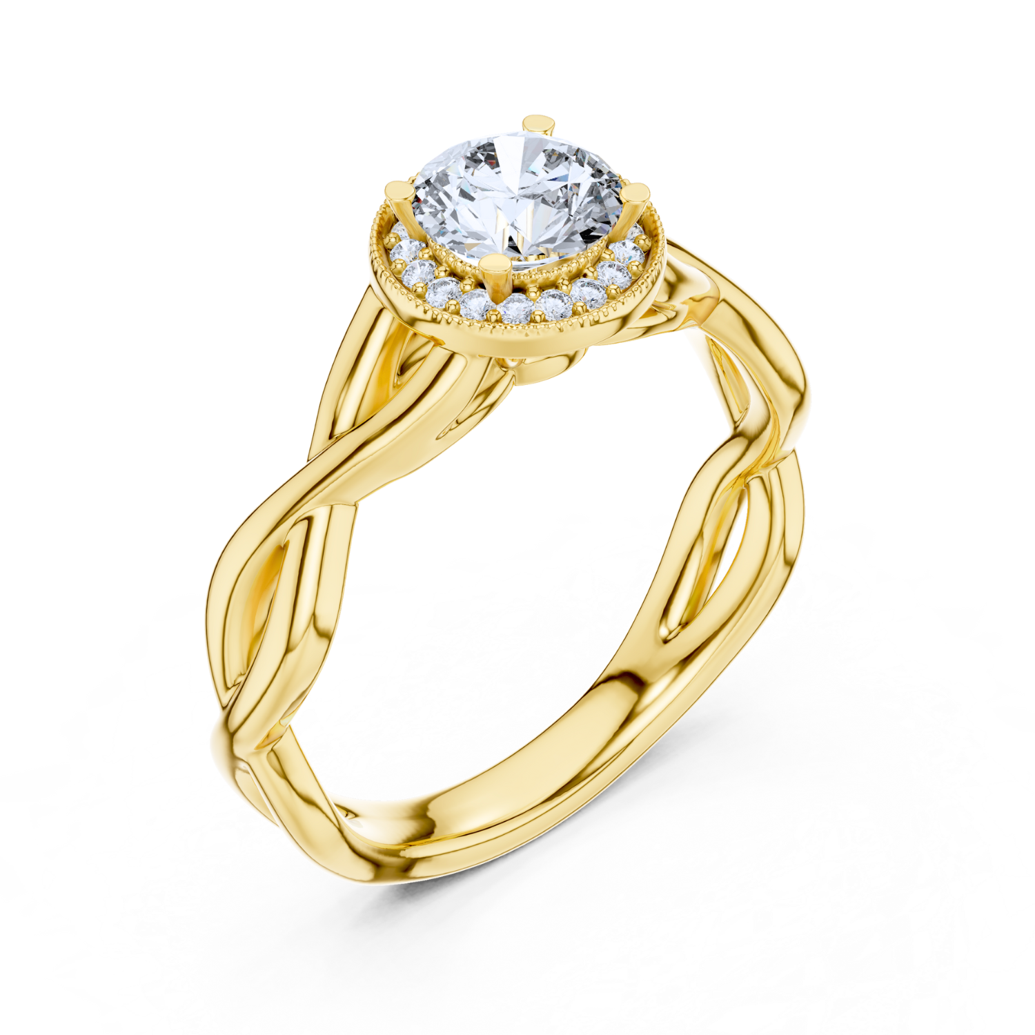 Round Halo Twisted Band Diamond Ring