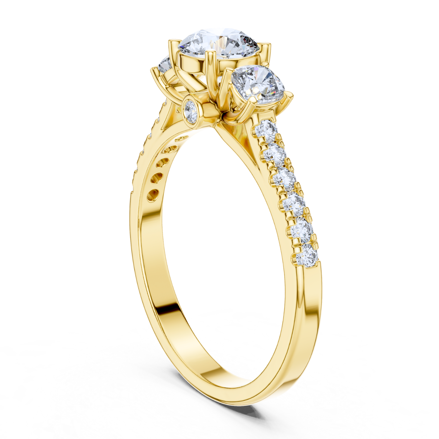 Classic Three-Stone Diamond Ring with Pave Band