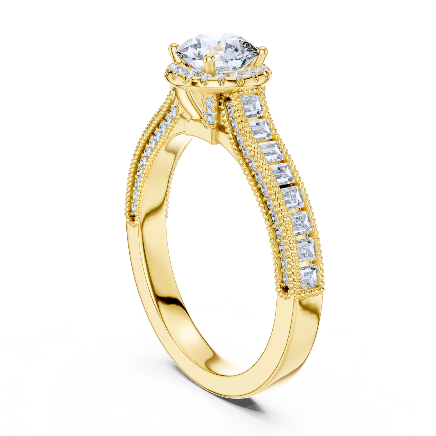 Round Halo Baguette Diamond Ring